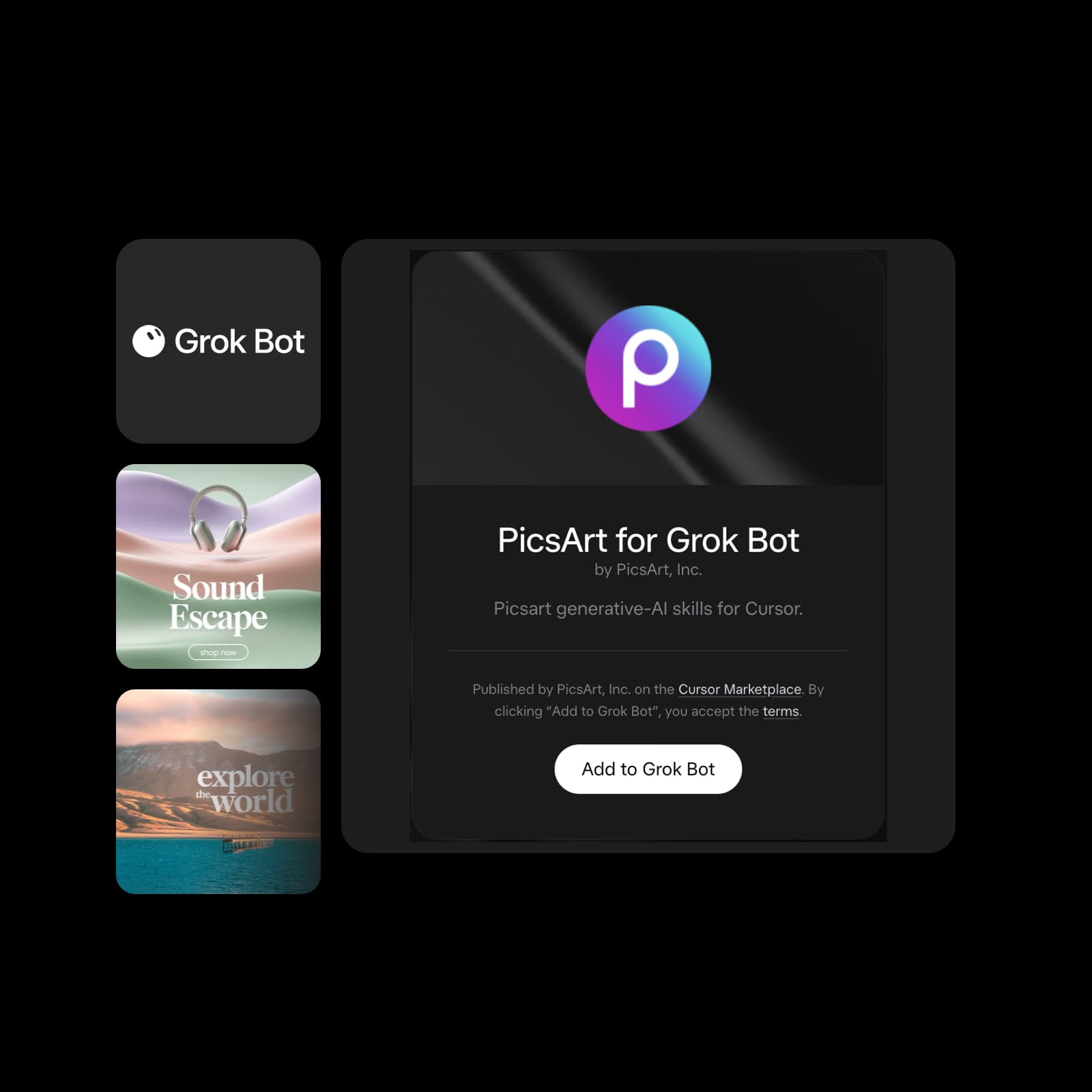 Grok Bot logo and actual Picsart plugin page, alongside creative examples reused from Codex
