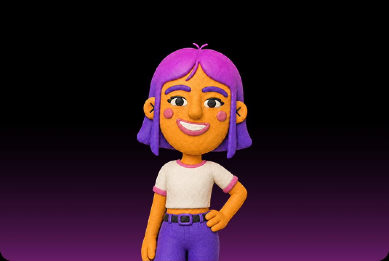 Mila, the Picsart art director agent, as an orange clay figure with purple hair