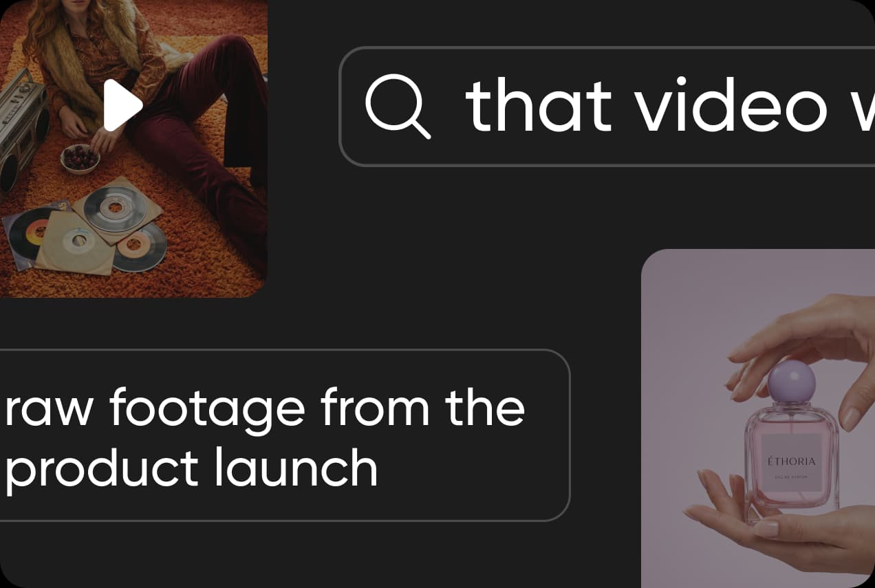 A search for raw footage from a product launch pulling up a video clip and a perfume bottle shot
