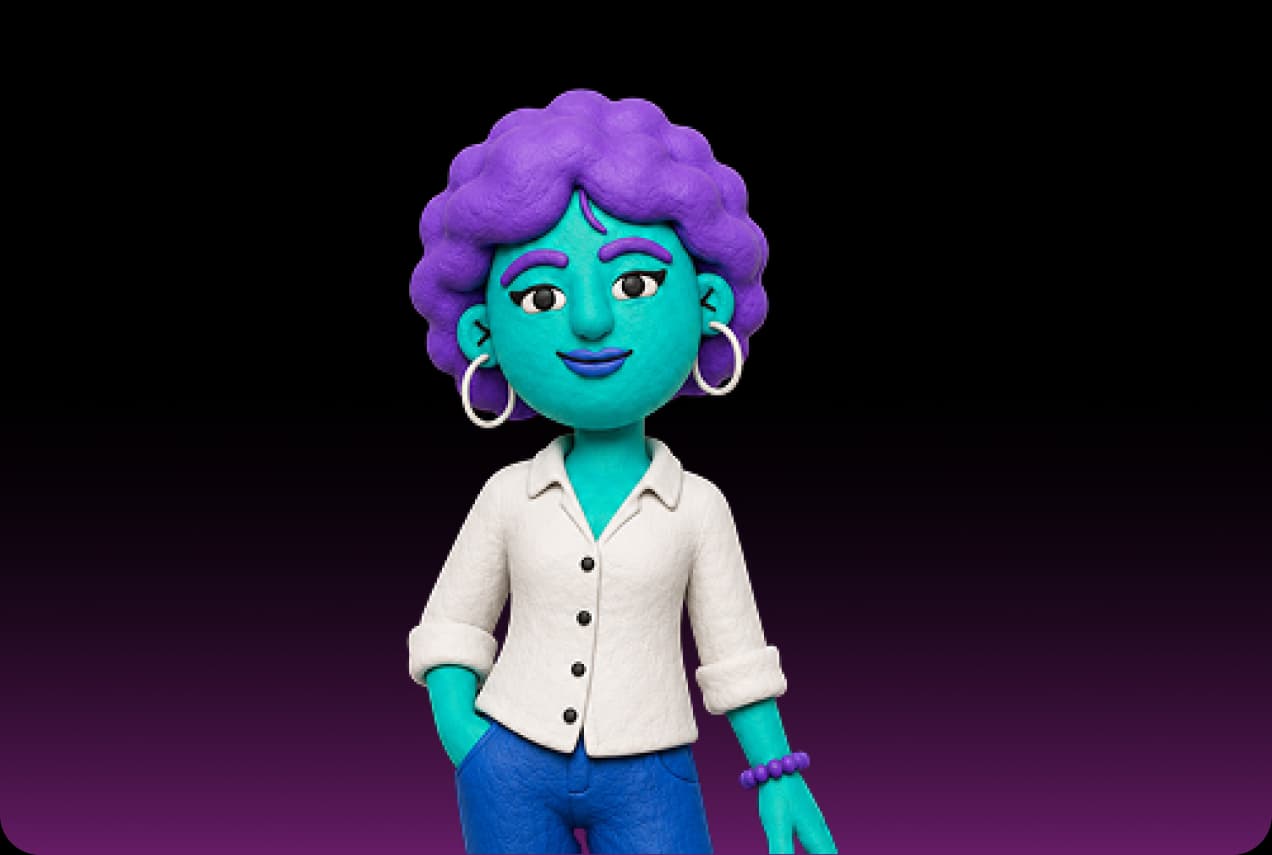 Nora, the Picsart localization agent, as a teal clay figure with purple curls and hoop earrings