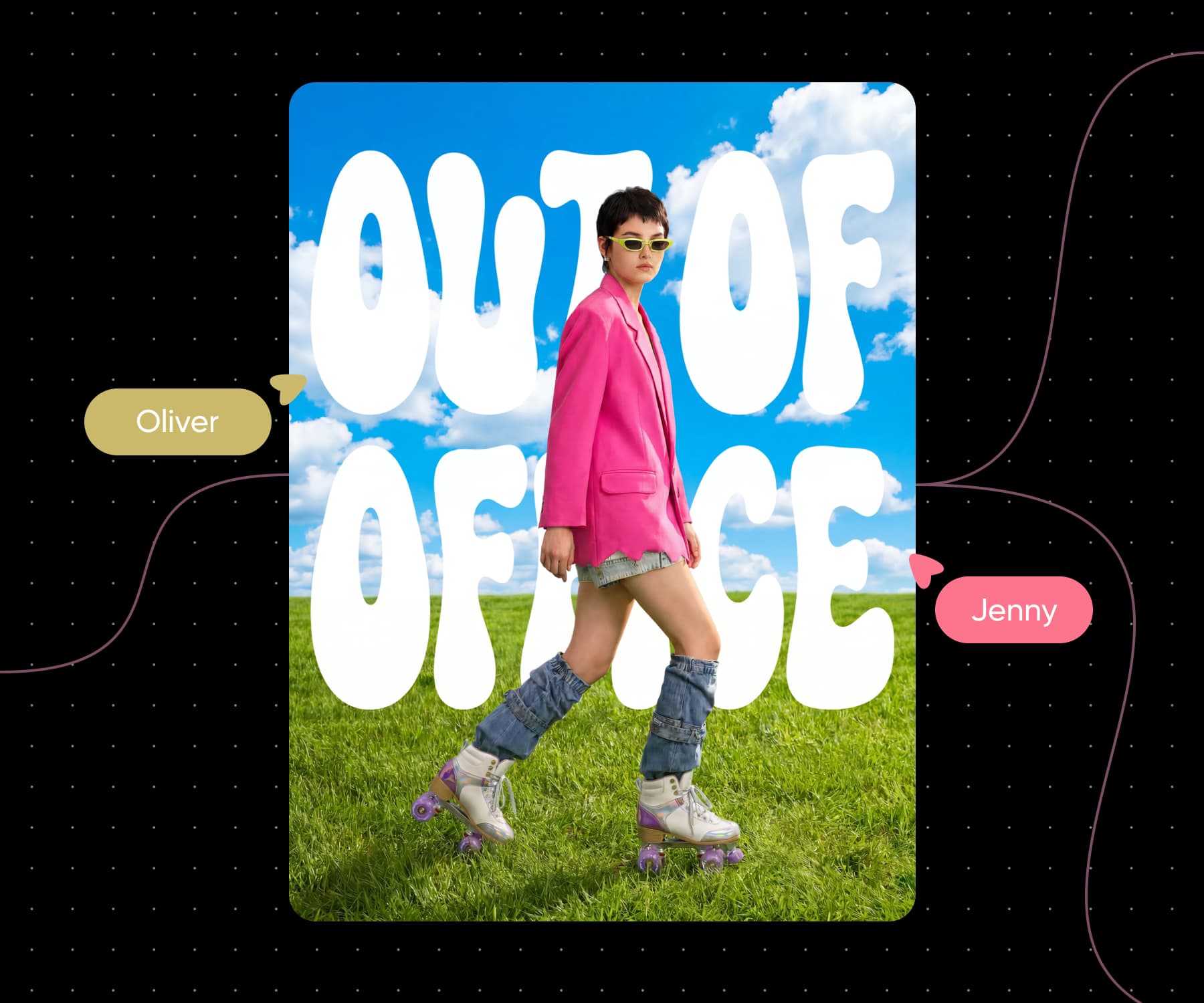 An Out of Office poster of a woman in a pink blazer on roller skates, with teammates Oliver and Jenny working on it in a shared canvas