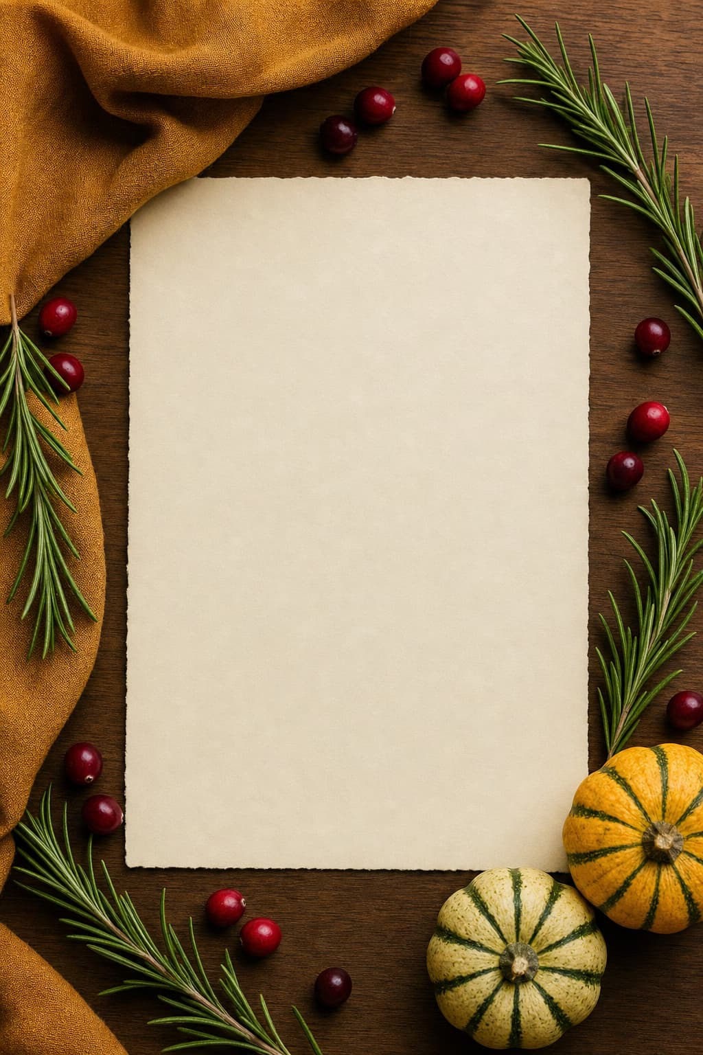Cream card framed by ochre linen, herbs, and tiny gourds.