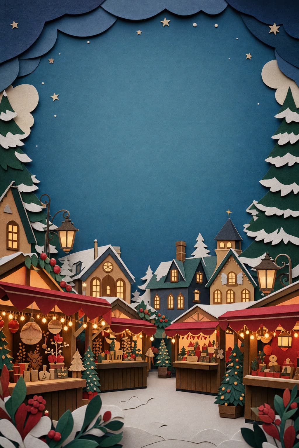 Original paper-cut Christmas market at night.