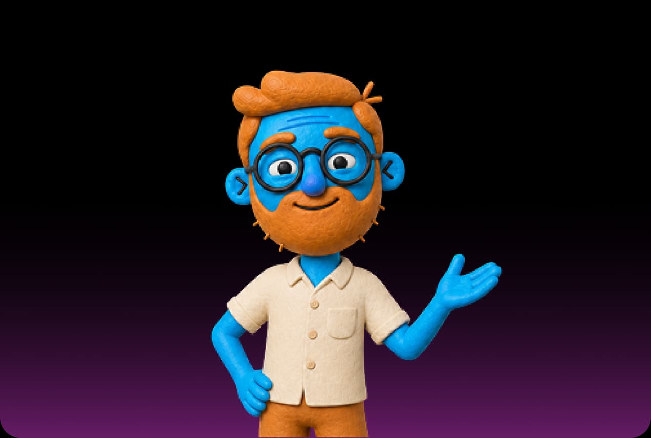 Owen, the Picsart data storyteller agent, as a blue clay figure with an orange beard and glasses