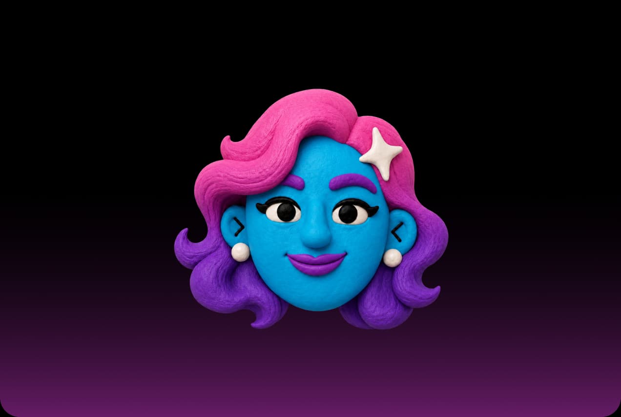 Aura, the Picsart creative super agent, as a blue clay avatar with pink hair and a star clip