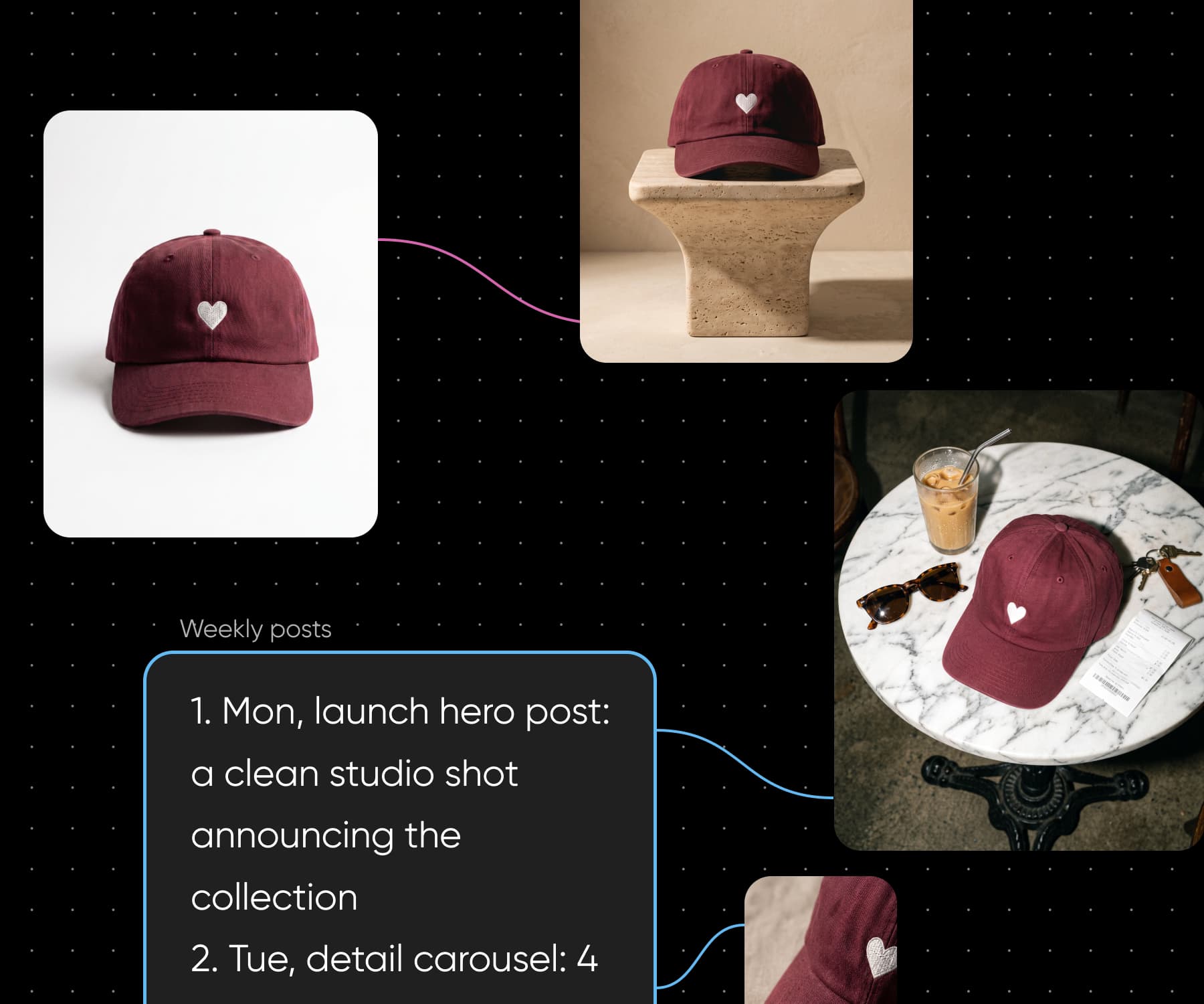 A Picsart Flow canvas turning a weekly post plan into a burgundy cap studio shot and lifestyle scenes