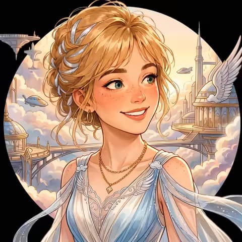 Animated fairy tale scene set in a cloud city, watercolor art style, made with Picsart Comic Me