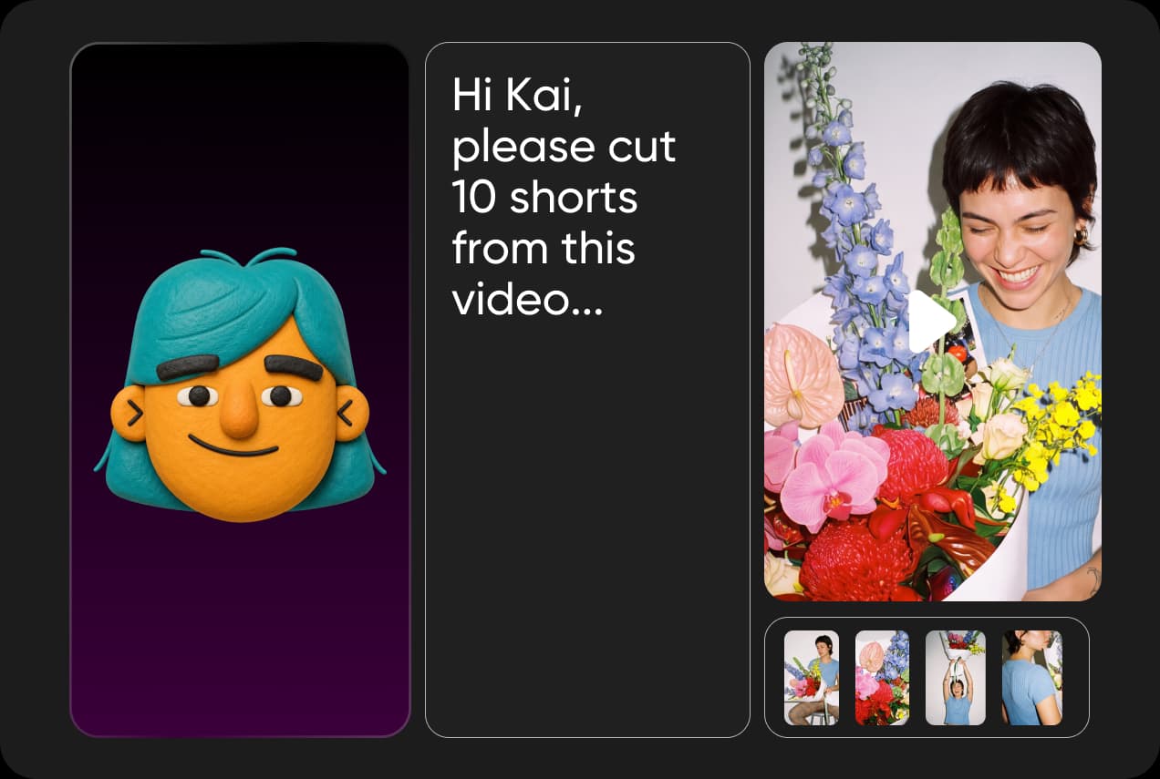 A brief asking Kai to cut 10 shorts from a video, with the clips returned below it