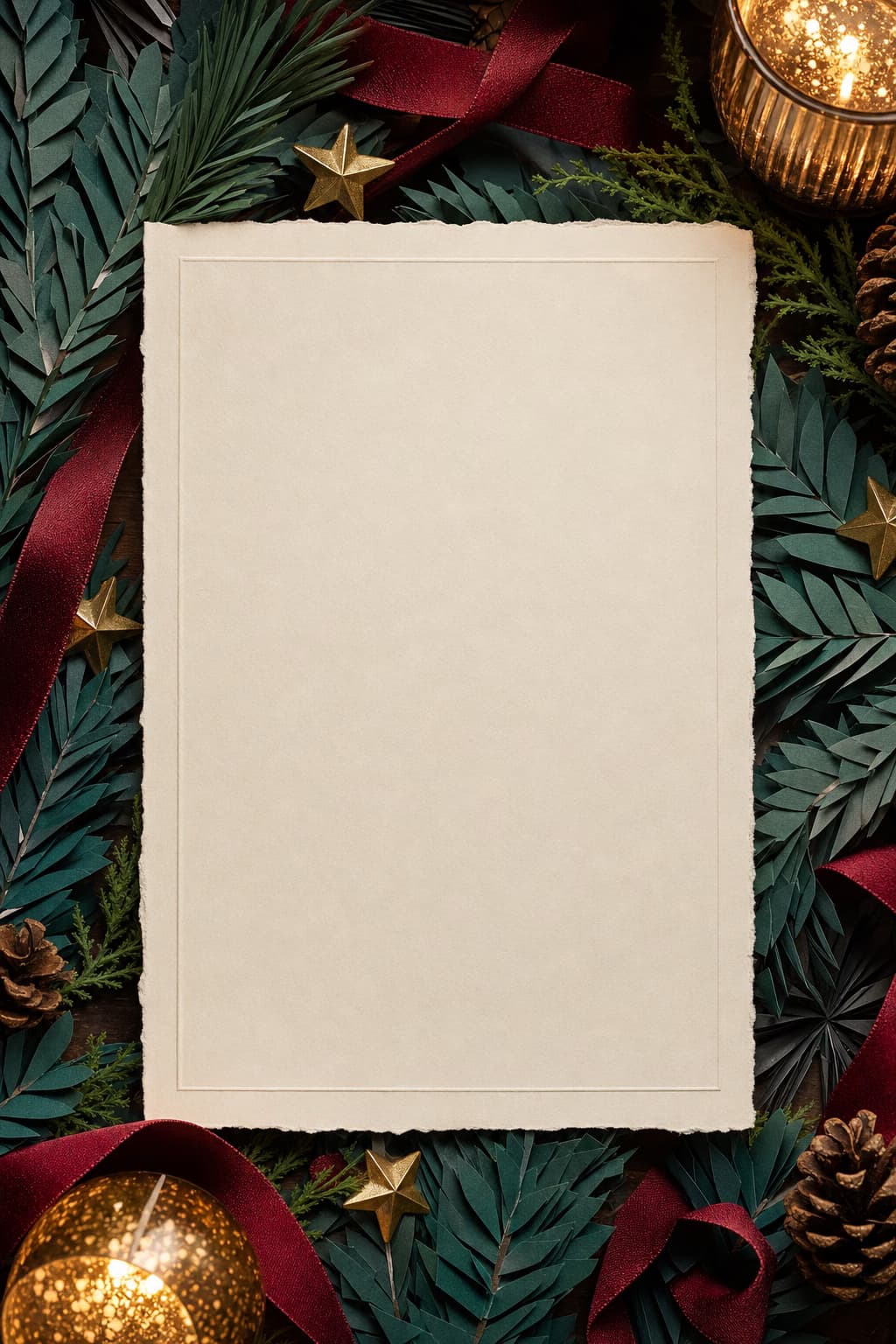 Cream greeting card framed by pine paper and cranberry ribbon.