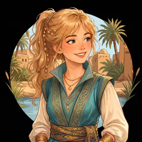 Animated fairy tale scene set in a desert oasis, cut-paper collage art style, made with Picsart Comic Me