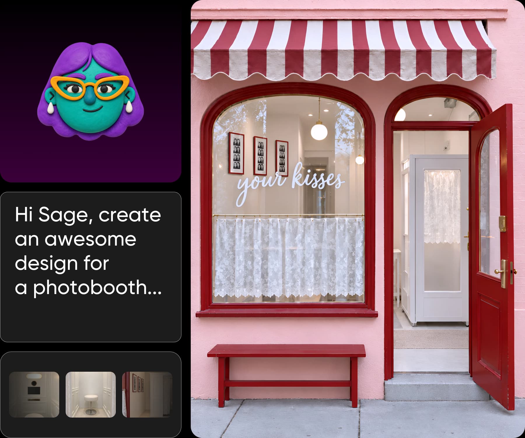 A Sage agent brief for a photobooth design beside the finished pink storefront with a striped awning