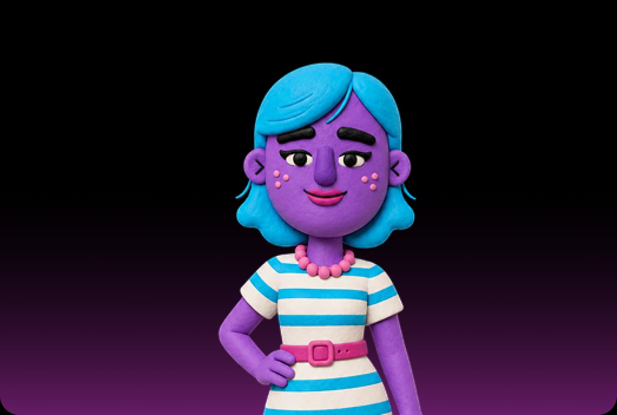 Sam, the Picsart chief of staff agent, as a purple clay figure with blue hair and a striped shirt