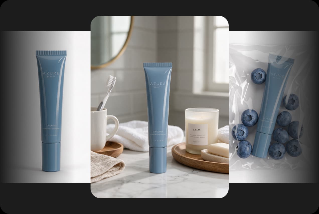 A blue skincare tube as a studio packshot and in bathroom and blueberry lifestyle scenes