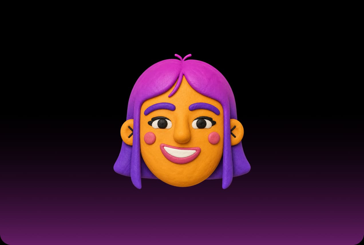 Mila, the Picsart art director agent, as an orange clay avatar with purple hair