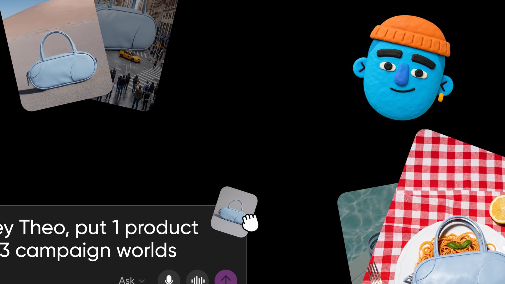 A brief asking the Theo agent to put one product into three campaign worlds, with a blue bag shown in street and picnic scenes