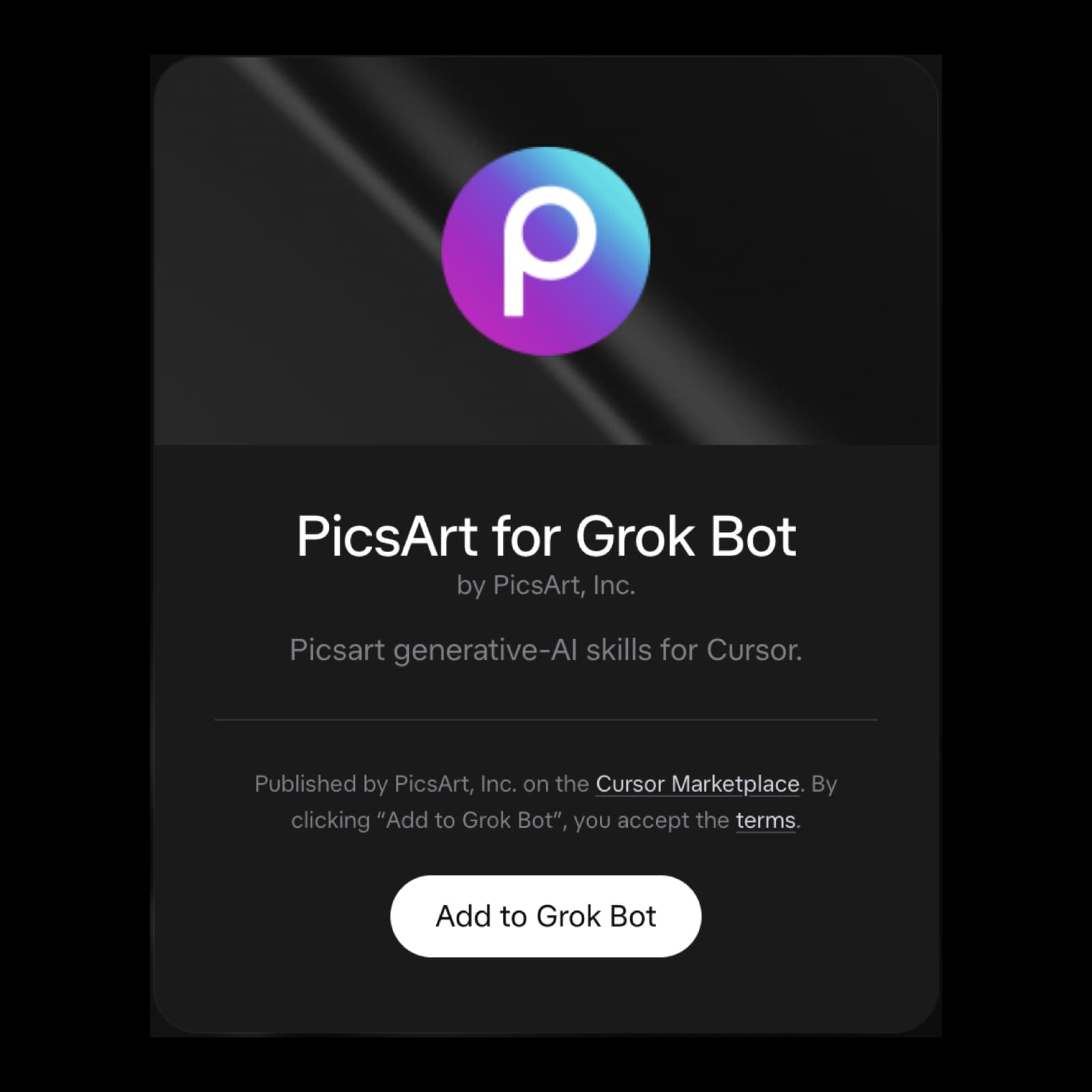 Actual Picsart plugin listing for Grok Bot