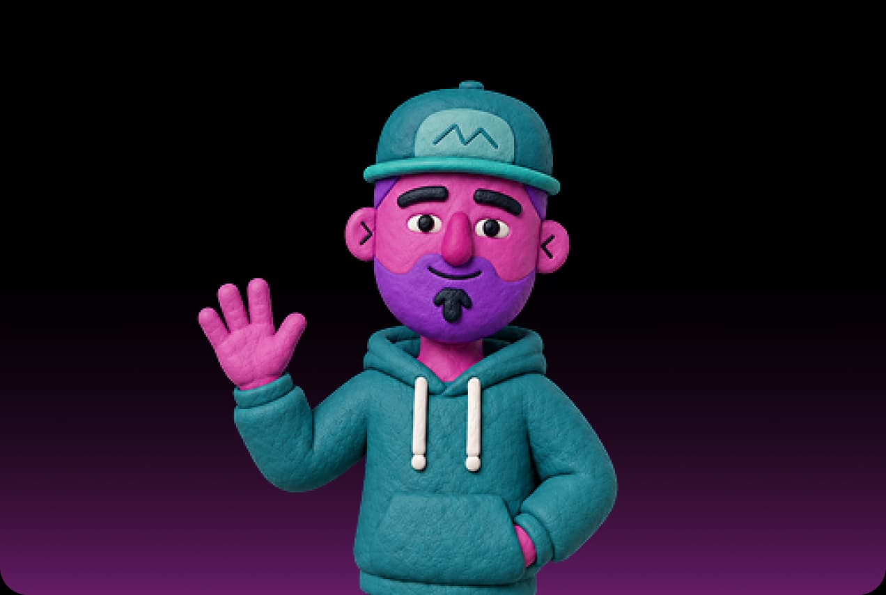 Eli, the Picsart UX research agent, as a purple clay figure in a teal cap and hoodie waving