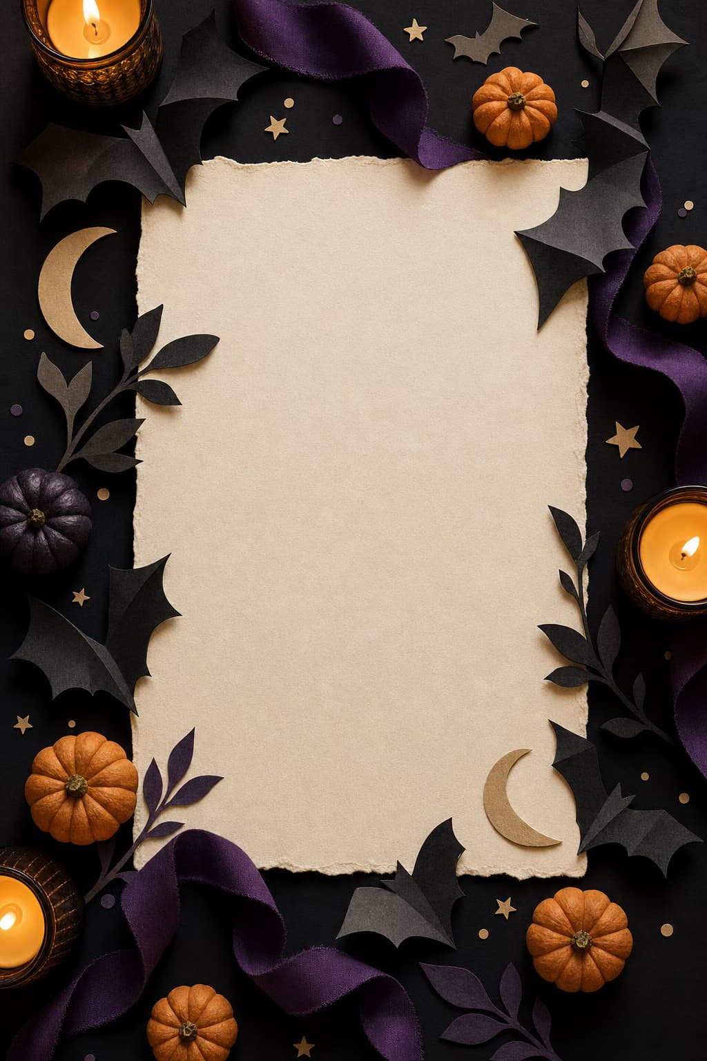Blank cream invitation card framed by paper bats, pumpkins, moons, violet ribbon, and candles.