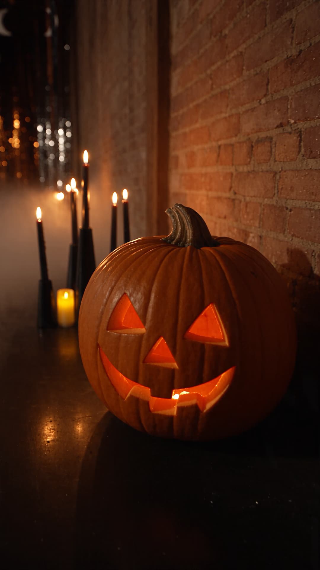 Candlelit Halloween loft with carved pumpkin, paper moons, metallic streamers, and low fog.