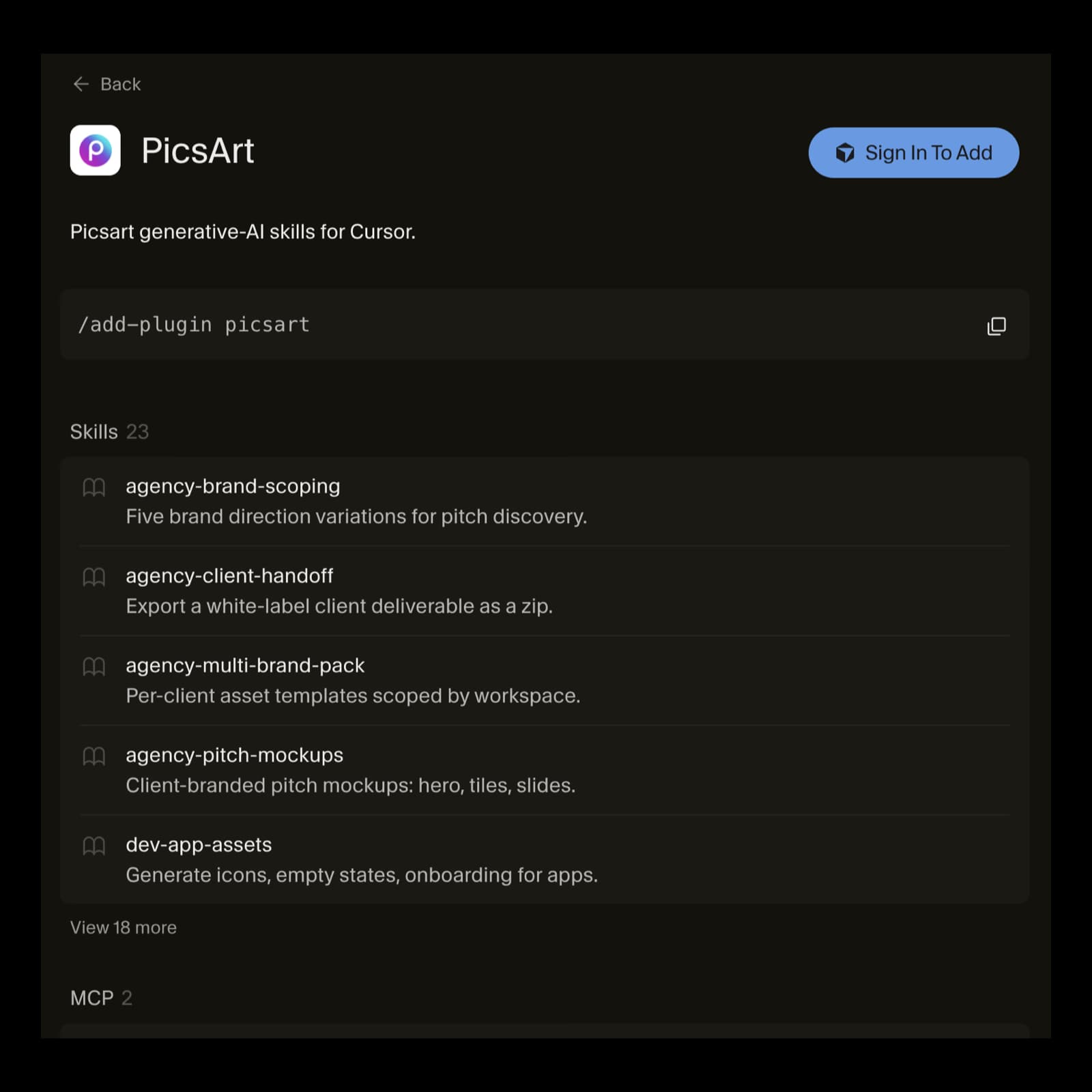 Actual Cursor marketplace listing for the Picsart plugin, including its add command and skills