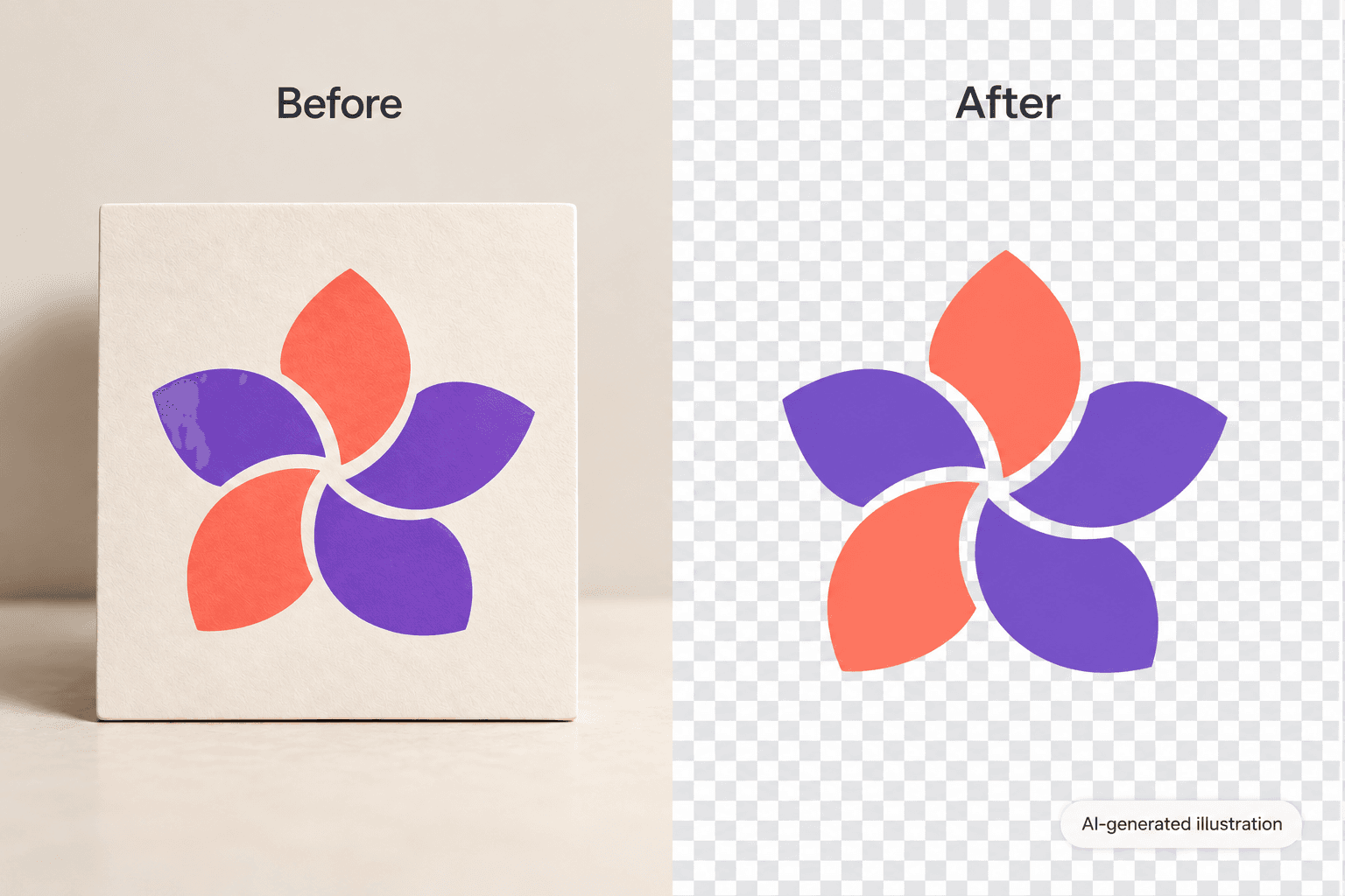 AI-generated illustration of an abstract example logo before and after background removal