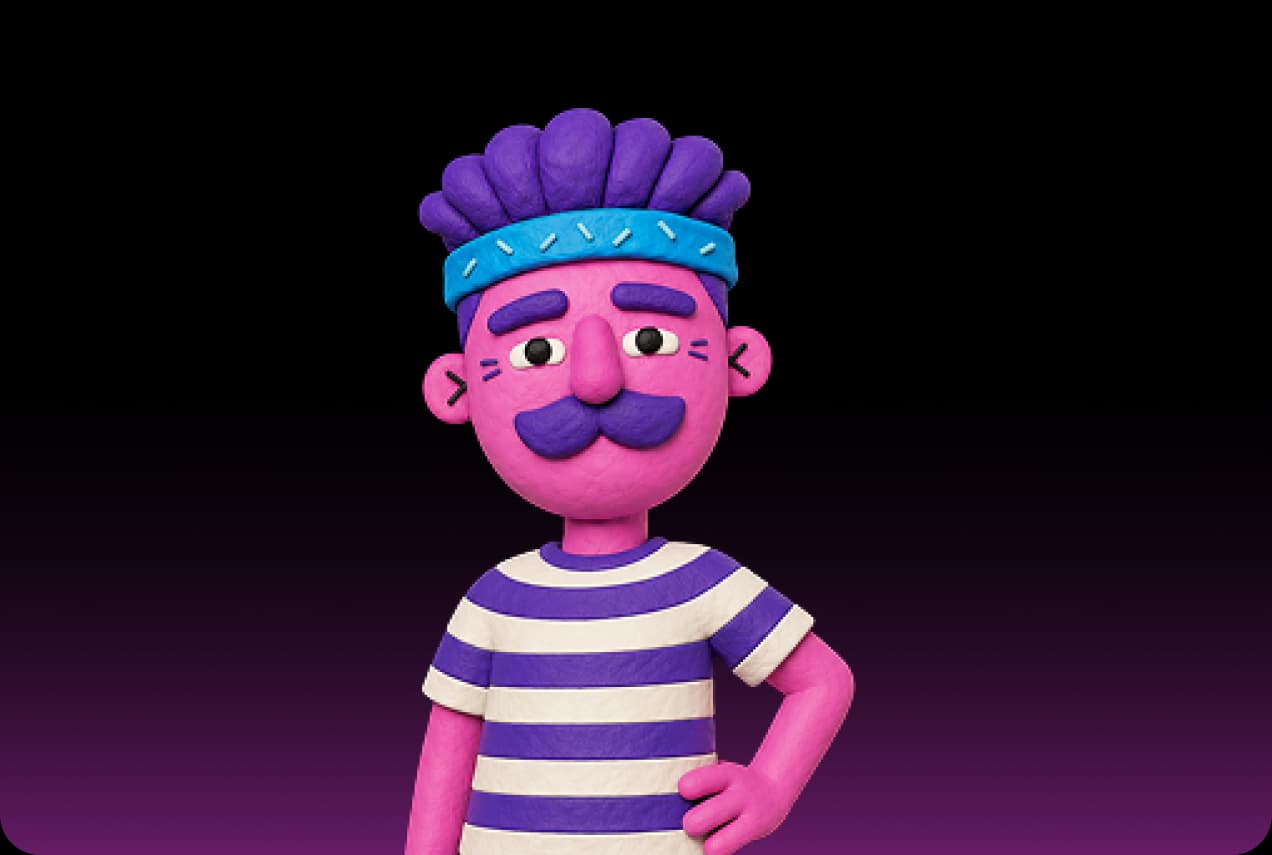 Felix, the Picsart smart resize agent, as a pink clay figure with a headband and striped shirt