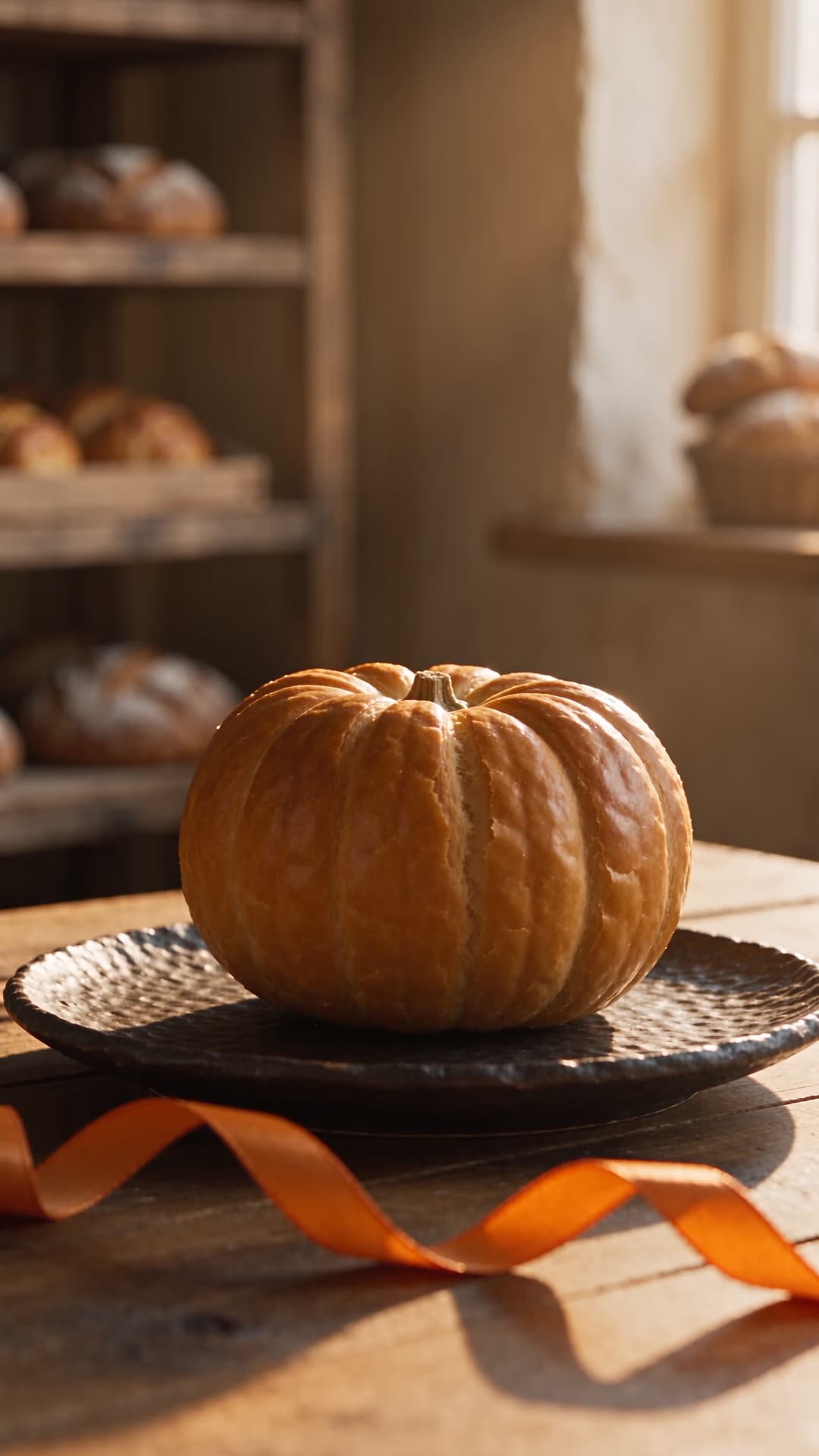 Pumpkin-shaped pastry steaming on a black plate in a warm independent bakery.