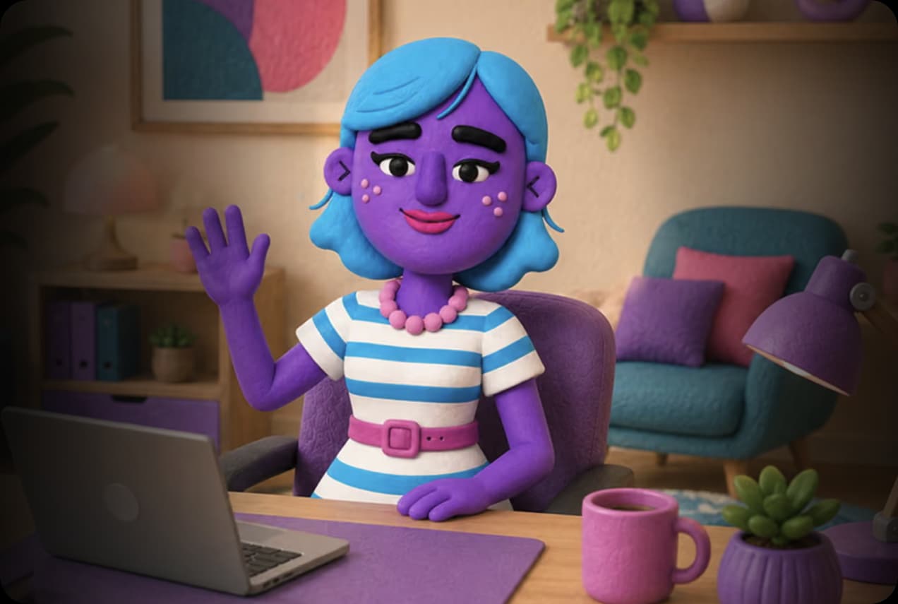 Sam, the Picsart chief of staff agent, waving from a desk with a laptop in a cosy home office