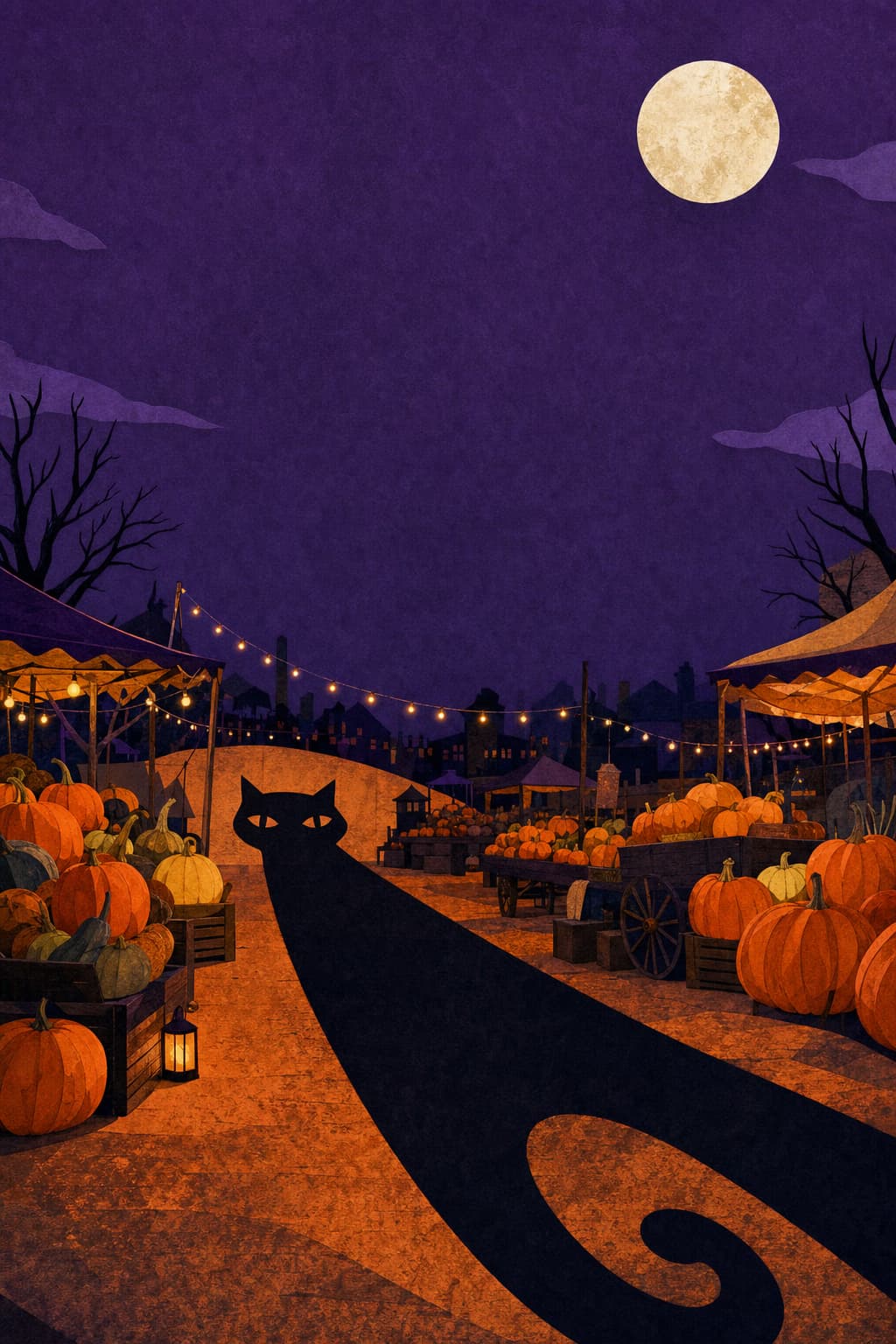 Cut-paper black cat shadow crossing an orange pumpkin market beneath a pale moon and violet sky.
