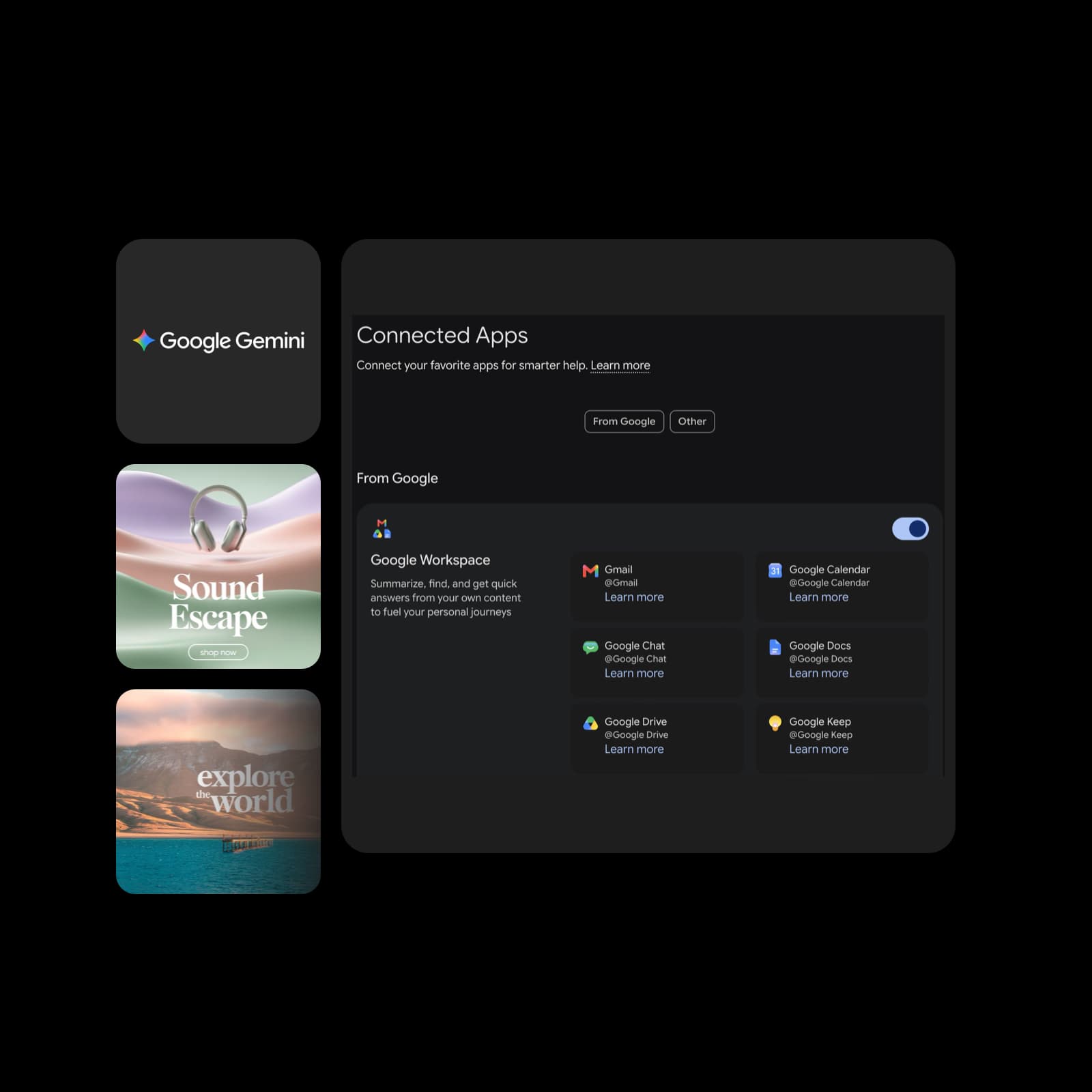 Google Gemini logo and actual Connected Apps screen, alongside illustrative creative examples reused from Codex
