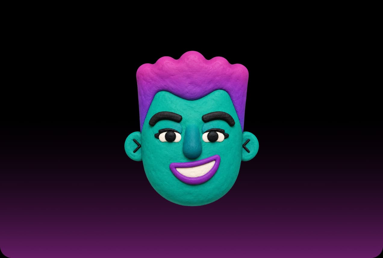 Maya, the Picsart presentation designer agent, as a teal clay avatar with purple hair