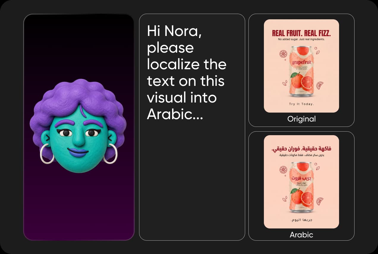 A brief asking Nora to localize a drink ad into Arabic, shown beside the original