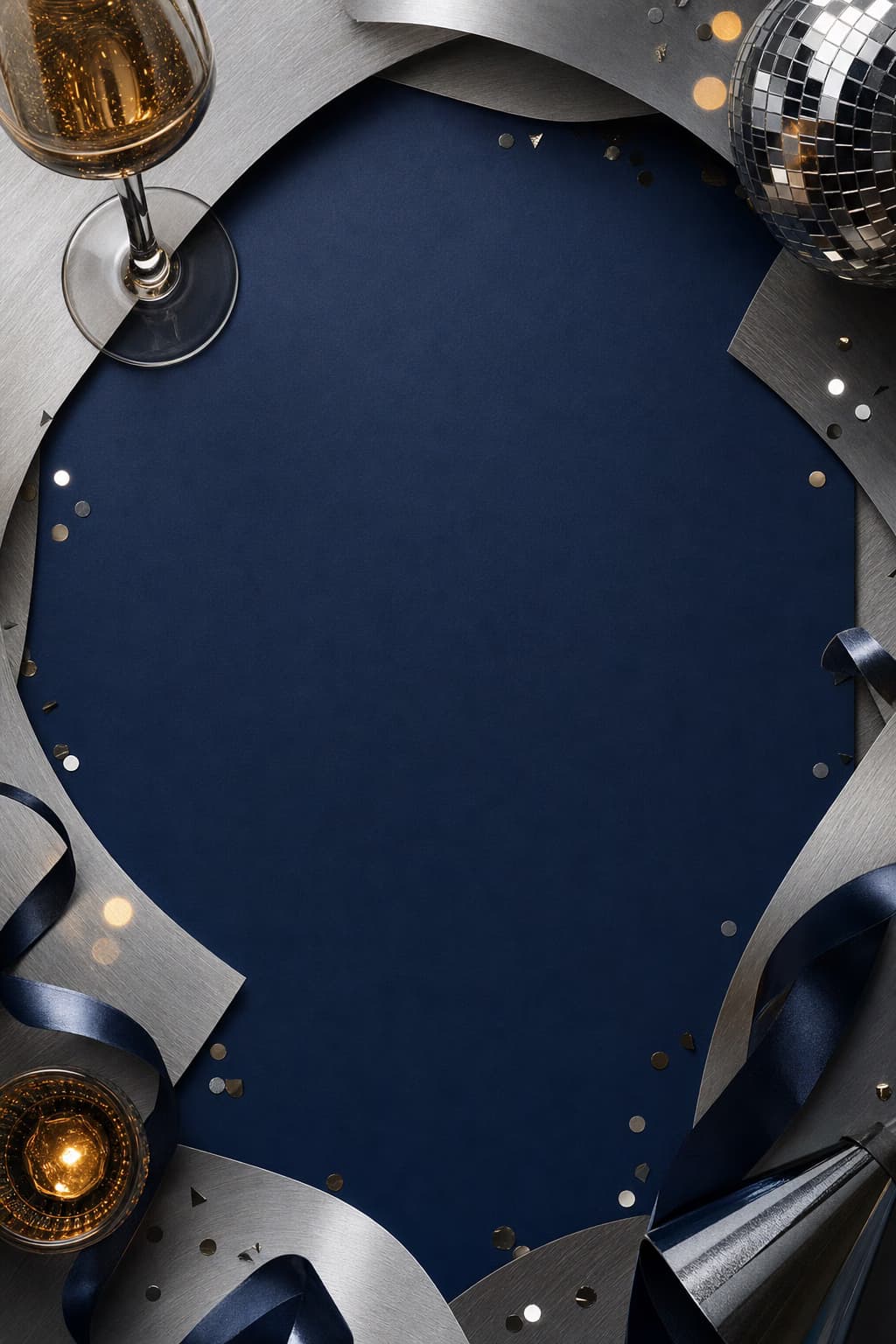 Midnight-blue invitation framed by silver paper arcs.
