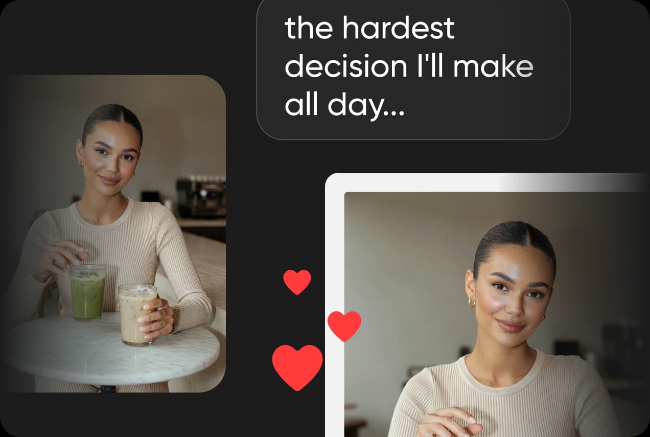 A woman holding an iced matcha in a social post captioned the hardest decision I'll make all day, with red hearts