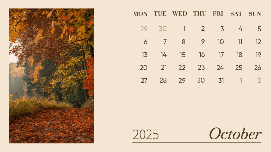 Charming October General Calendar in Warm Colors