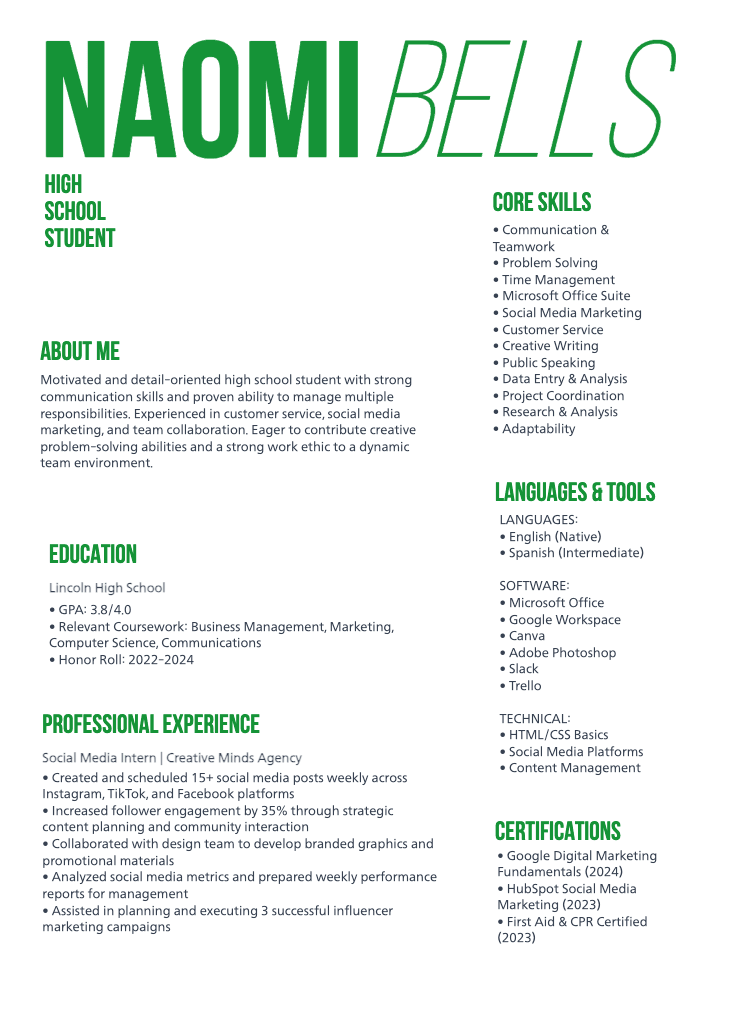 Green High School Student Resume Template