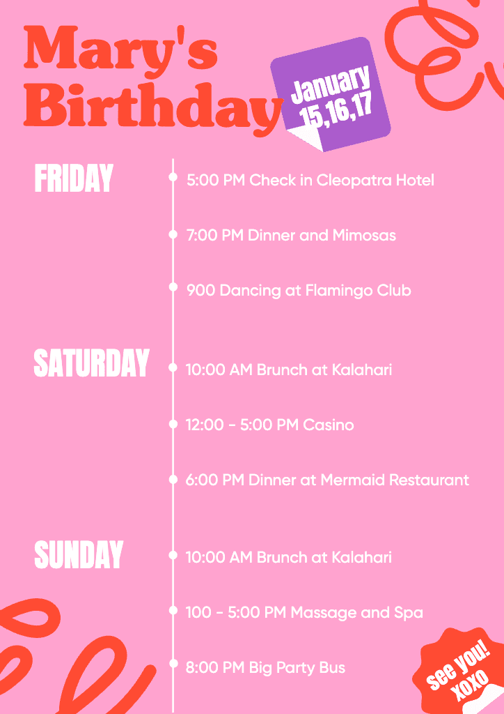 Pink Birthday Weekend Itinerary A4 Template