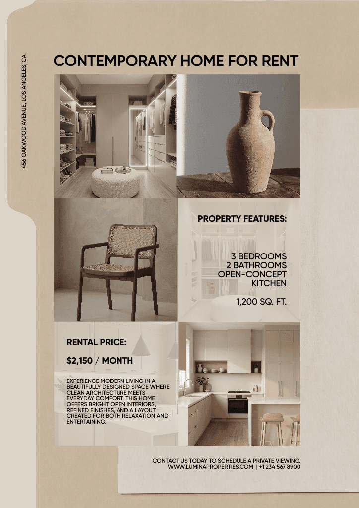 Stylish Beige Rental Flyer for Modern Living