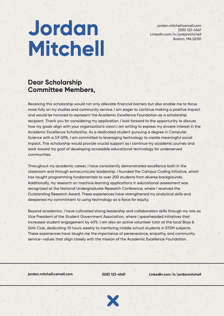 Scholarship Cover Letter with Stylish Blue Design