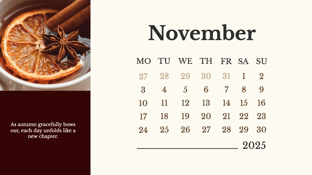 Elegant November General Calendar in Beige and Brown
