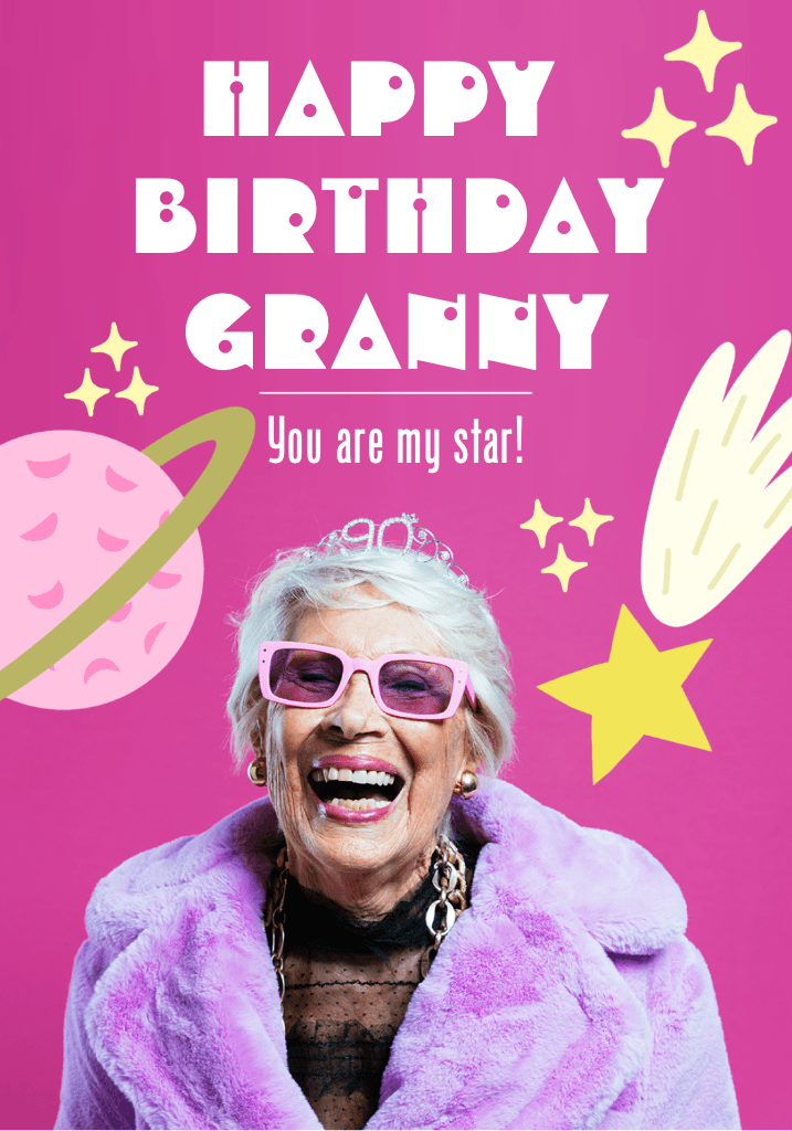 Cheerful Birthday Granny Poster in Pink and Purple