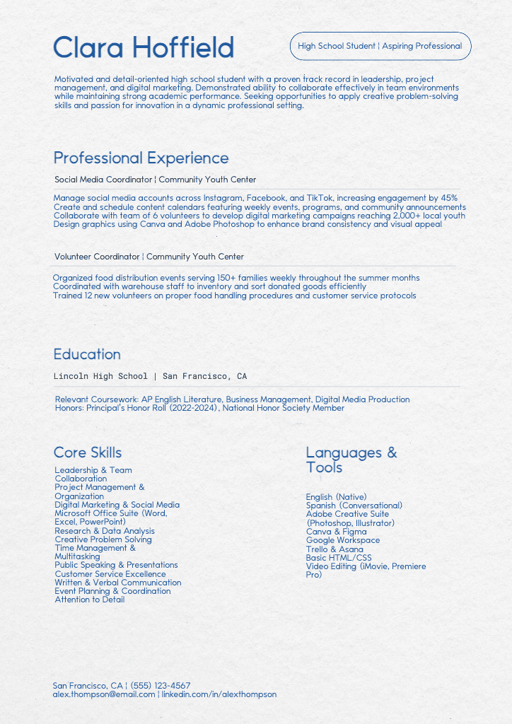 Elegant Blue High School Student Resume