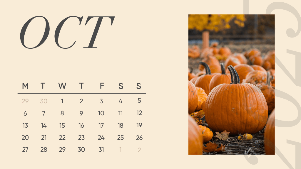 October Calendar with Vibrant Orange Pumpkins