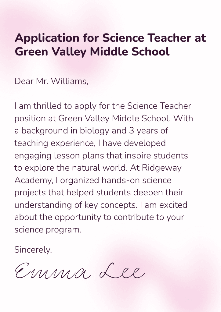 Charming Pink Science Teacher Cover Letter