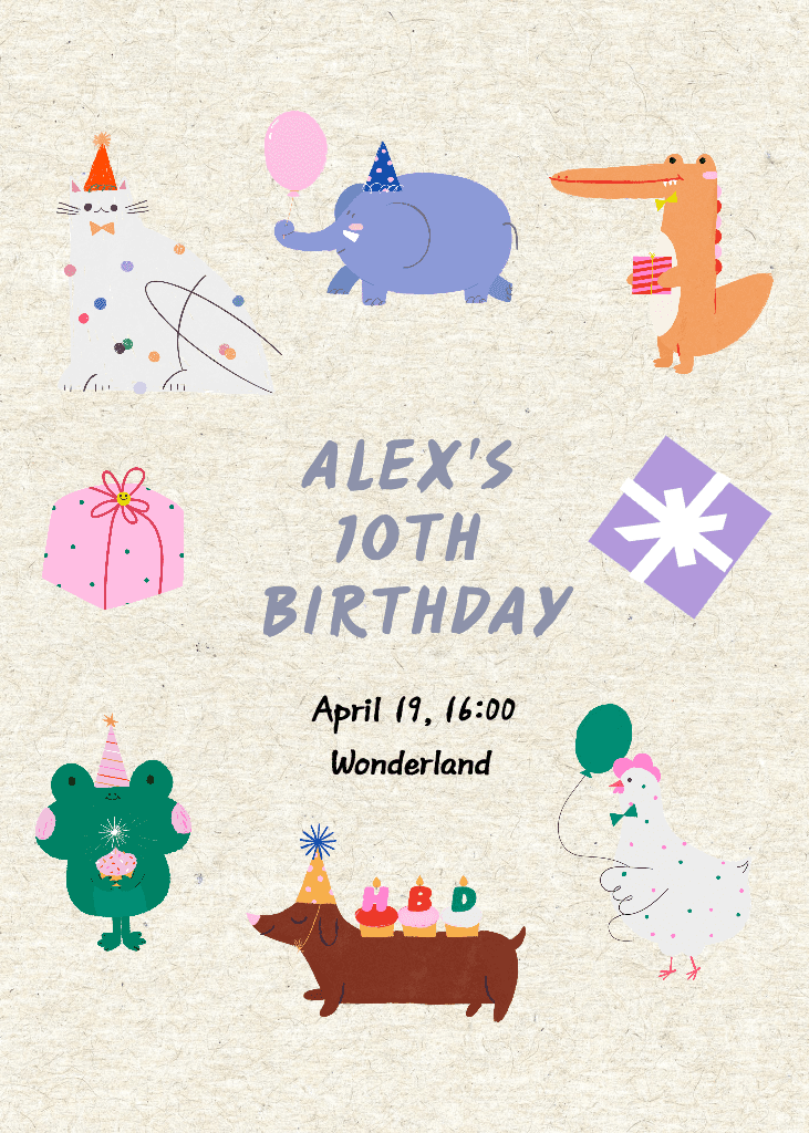 Colorful Animal Birthday Invitation For Kids