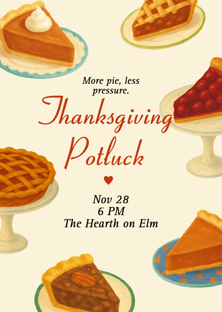 Warm Thanksgiving Potluck Invitation With Pies