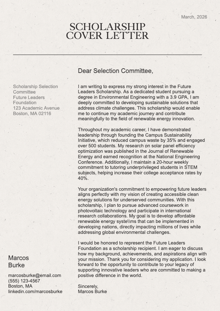 Elegant White Scholarship Cover Letter Template