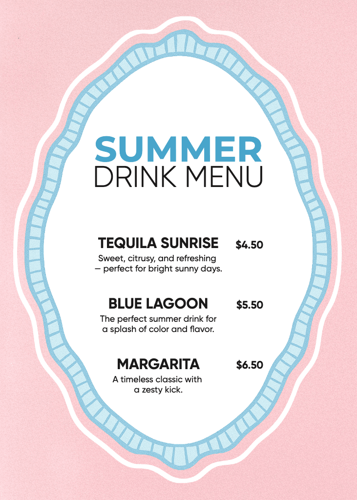 Charming Pink Summer Drink Menu Poster