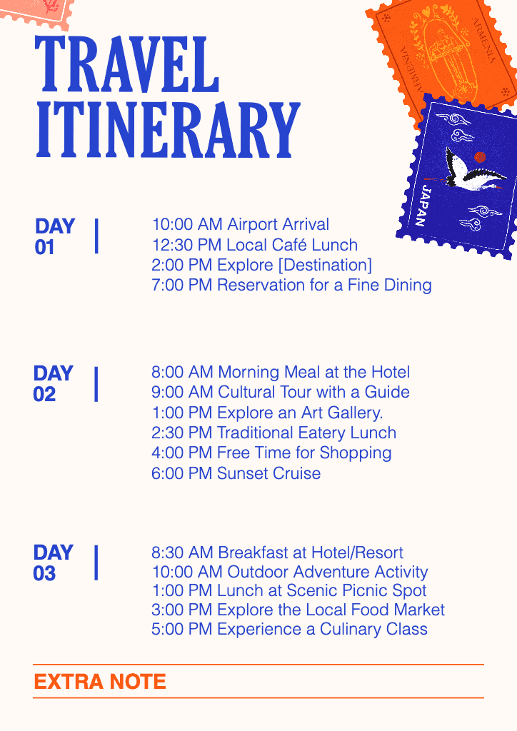 Vibrant Blue Travel Itinerary A4 Template
