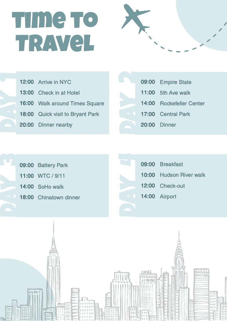 Charming A4 Travel Itinerary Template in Blue